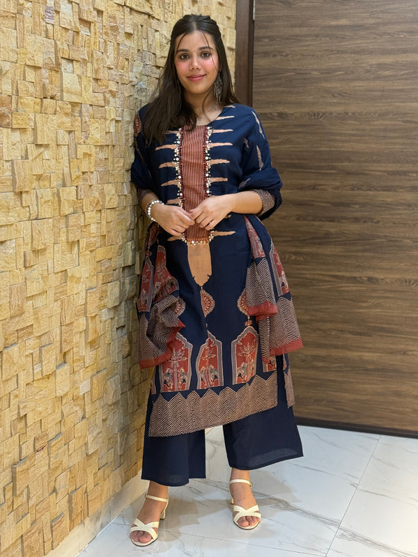 Blue Temple design Cotton Suit Set