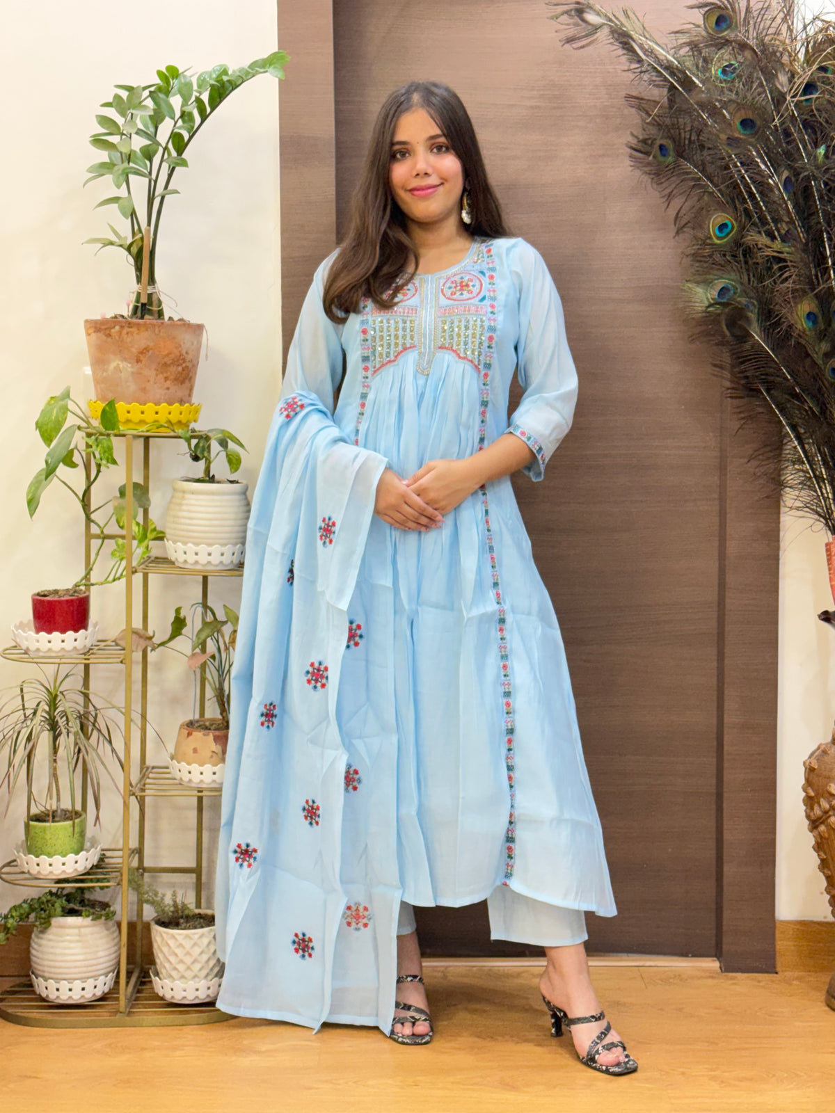 Powder Blue Mal Chanderi Aline Dupatta Suit Set