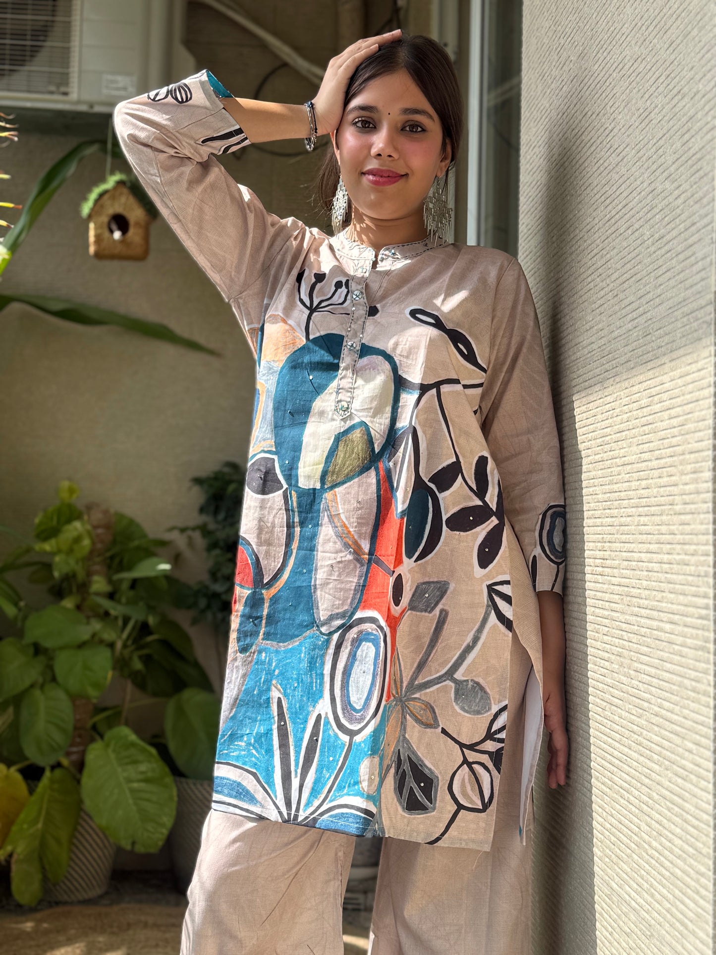 Beige digital print Cotton Co Ord Set