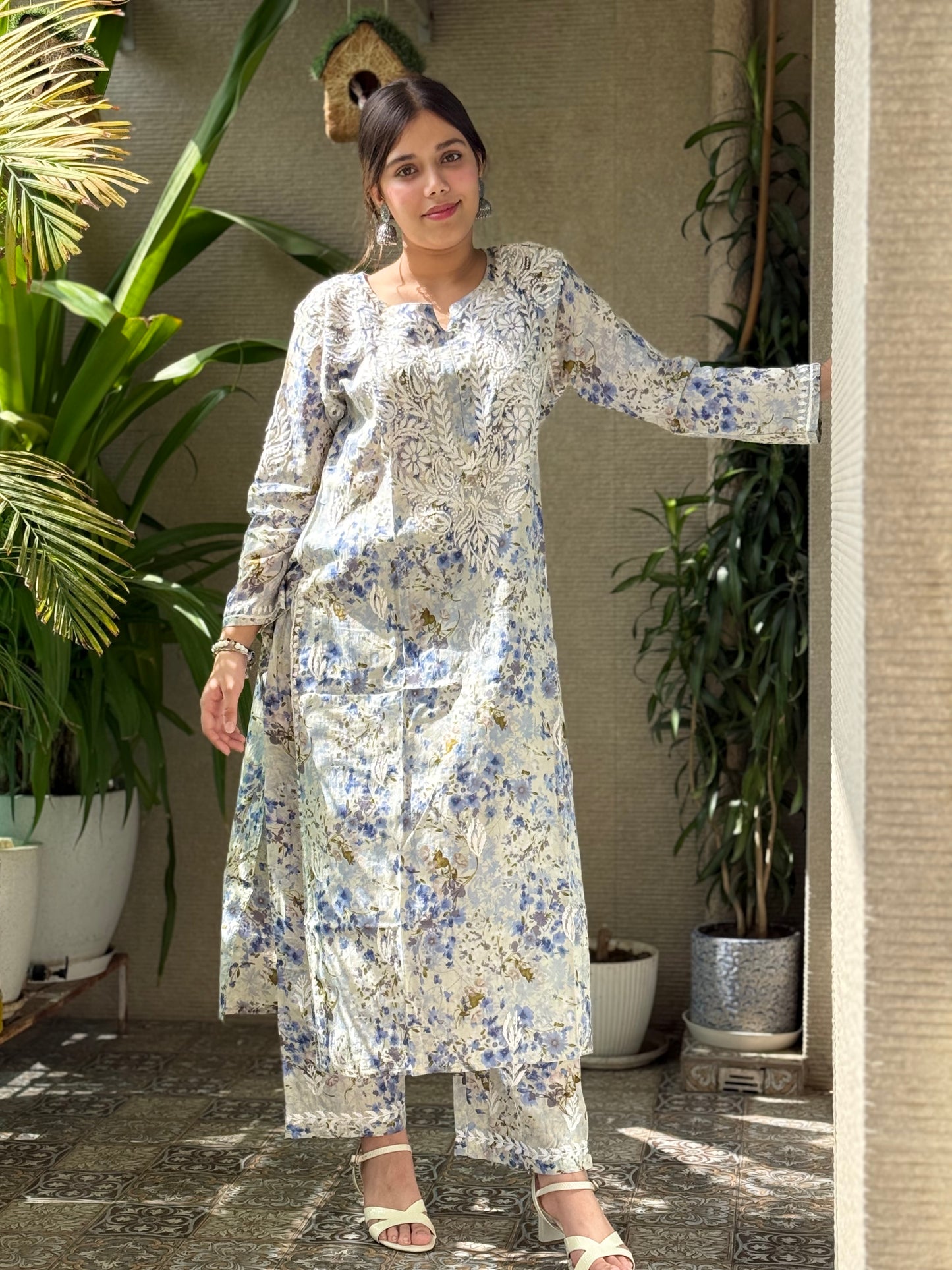 Powder Blue Chikankari Malmal Co Ord Set