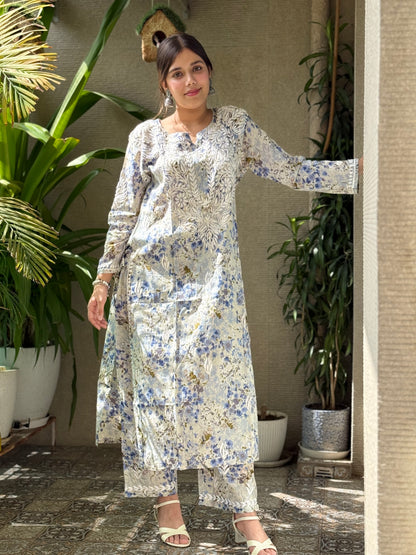 Powder Blue Chikankari Malmal Co Ord Set