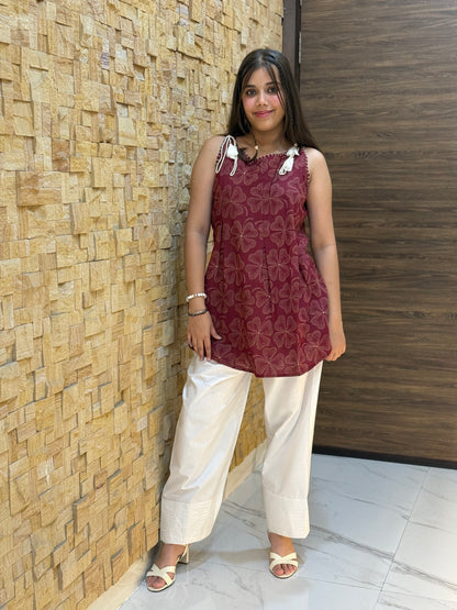 Wine Floral Print with Tie-knot Details Short Kurti