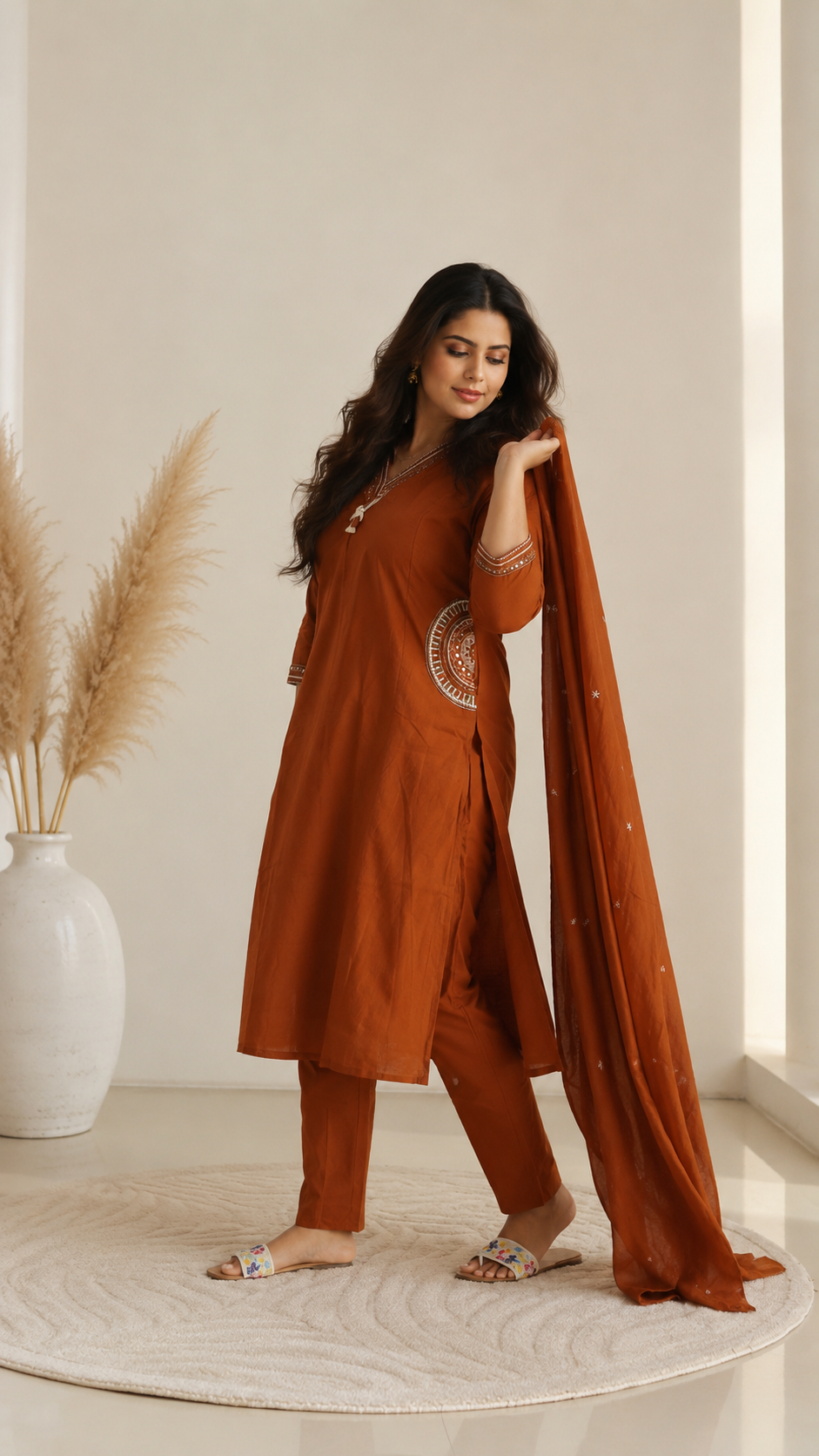 Rust Cotton Pocket Style with Mal Dupatta Suit Set