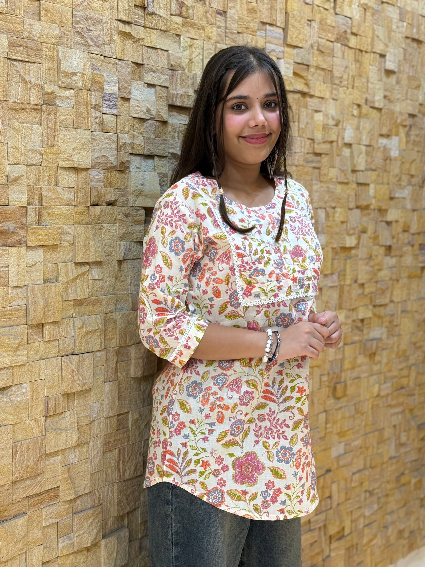 Cream multicolour floral Print Short Kurti