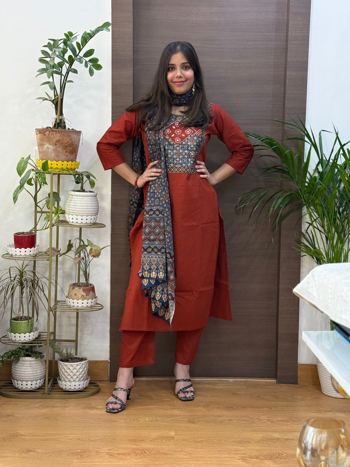 Rust Cotton Ajrakh Dupatta Suit Set