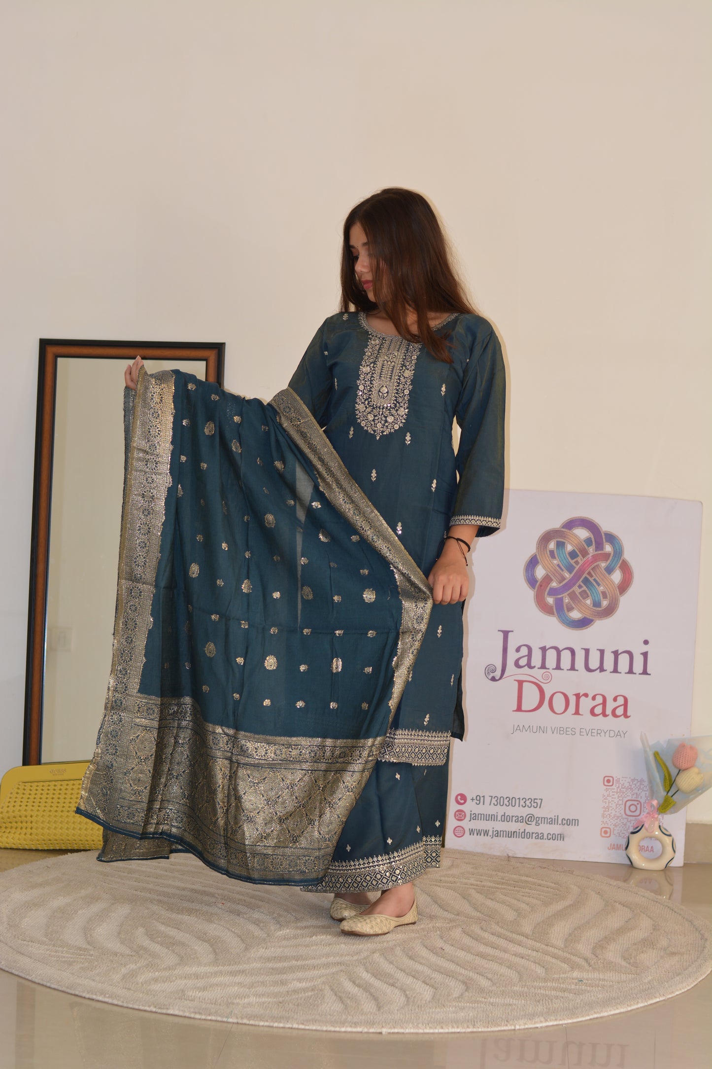 Teal Shimmer Silk Palazzo Set with Banarasi Dupatta