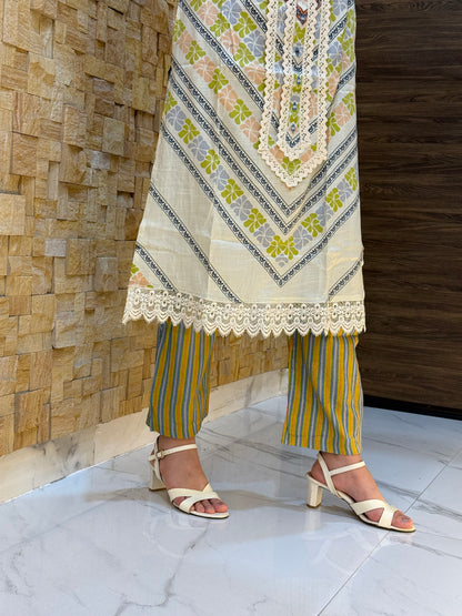 Beige and green Digital Print Cotton Suit Set