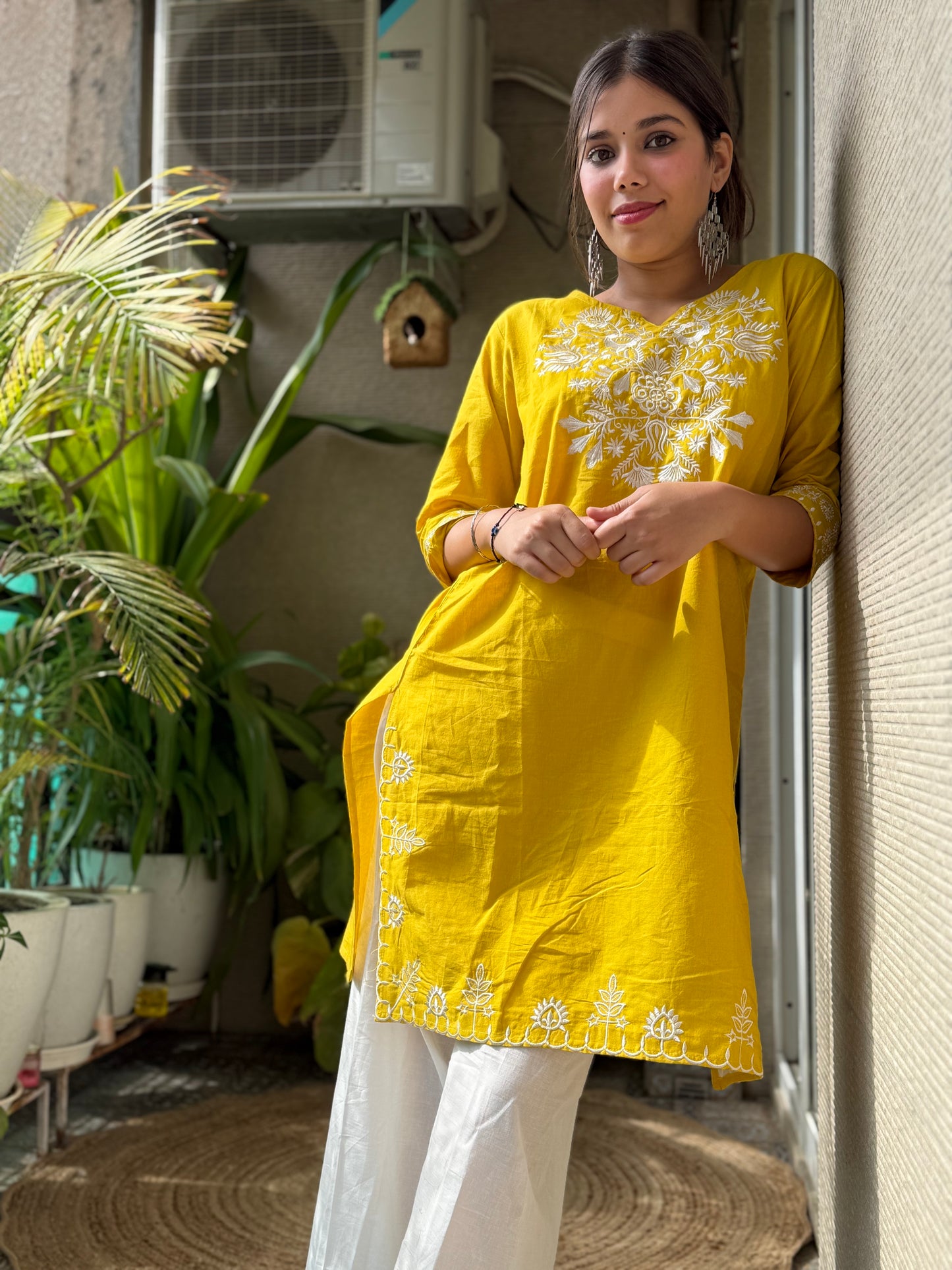 Yellow Cotton Embroidery Co Ord Set