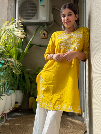 Yellow Cotton Embroidery Co Ord Set