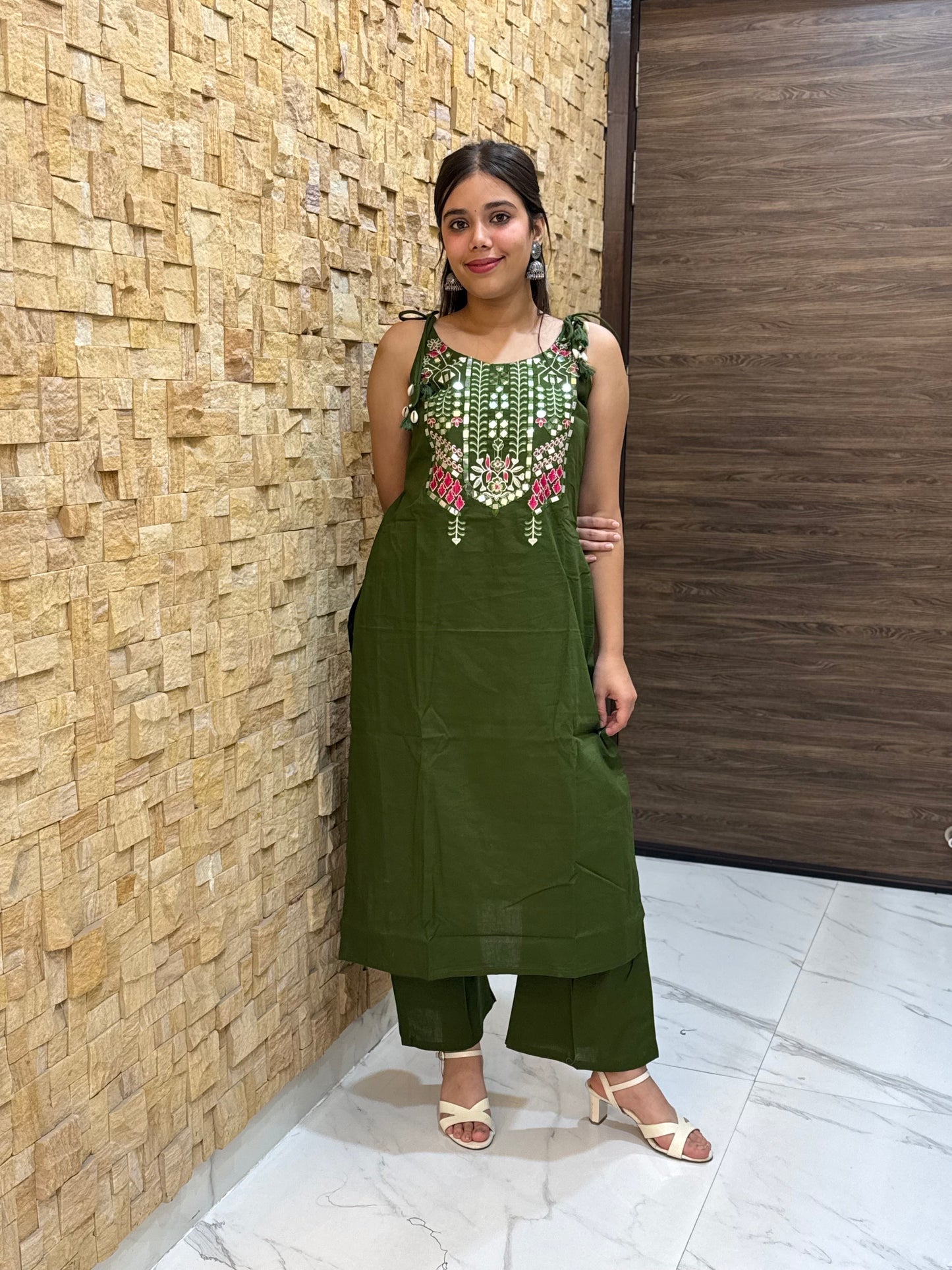 Green Cotton Embroidery with Tie Knot details Co Ord Set