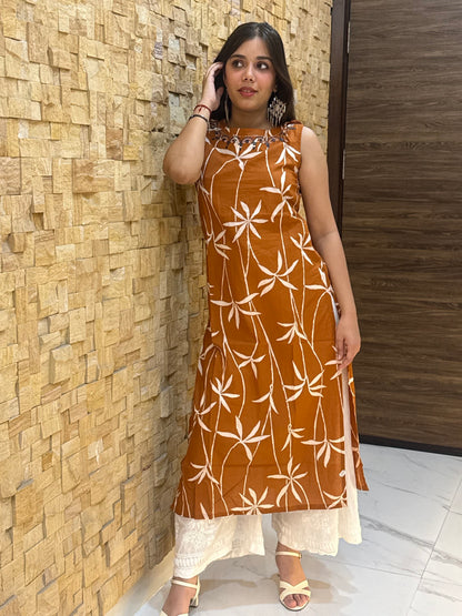 Rust Leaf Print Sleeveless Cotton with Tie-Knot details Kurti