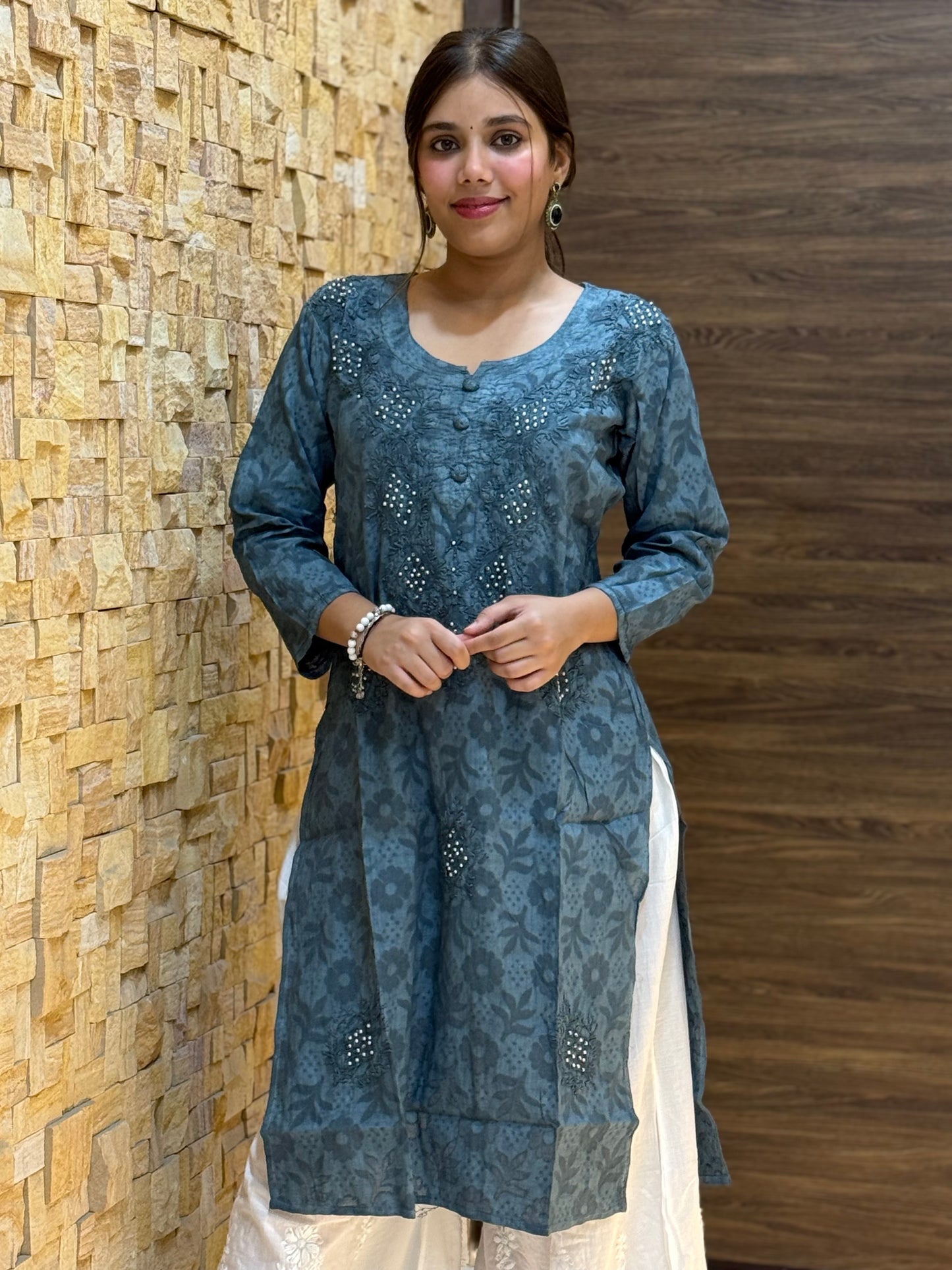 Grey Cotton Chikankari Kurti