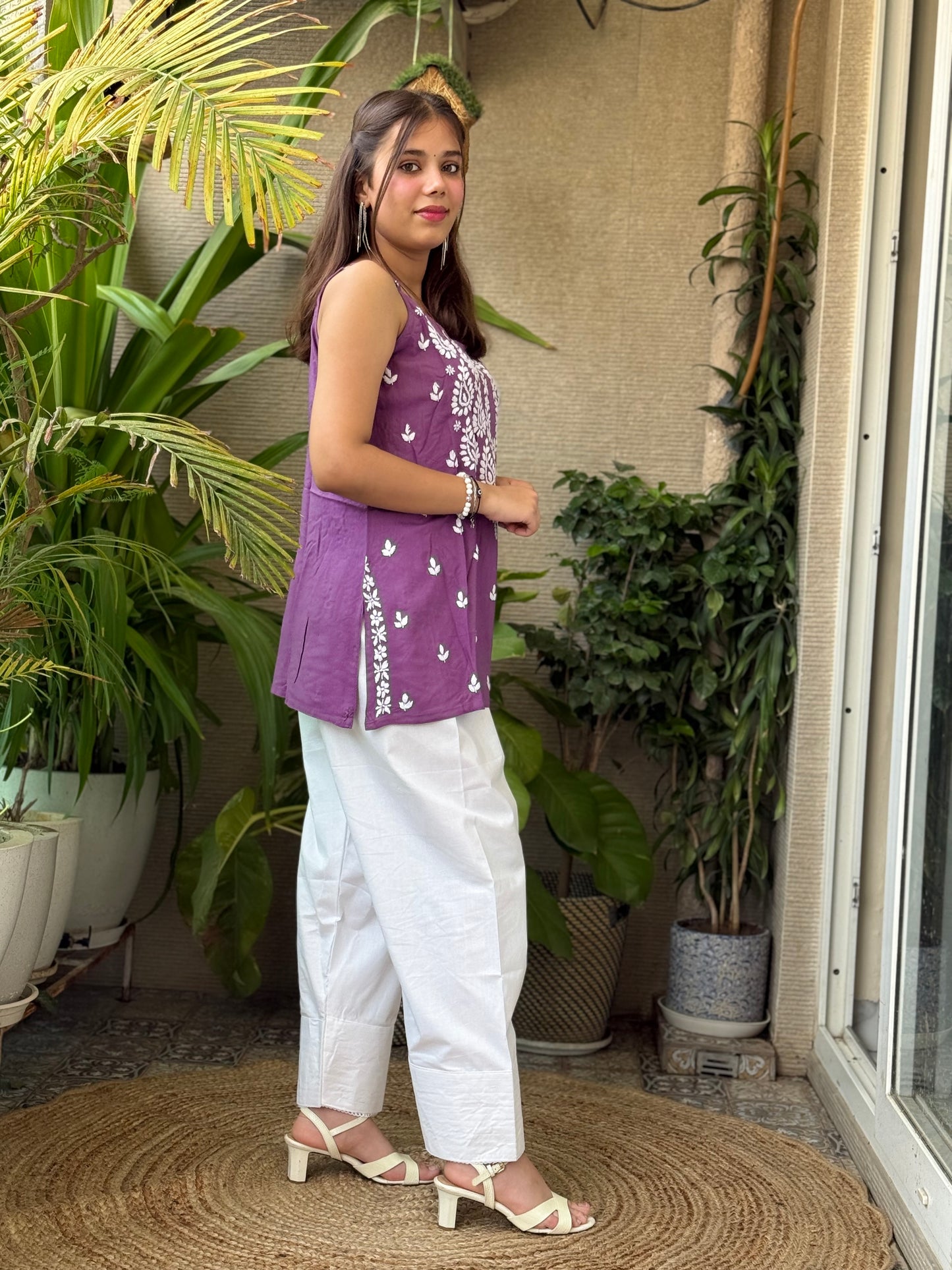 Lavender Noodle Strap Chikankari Short Kurti
