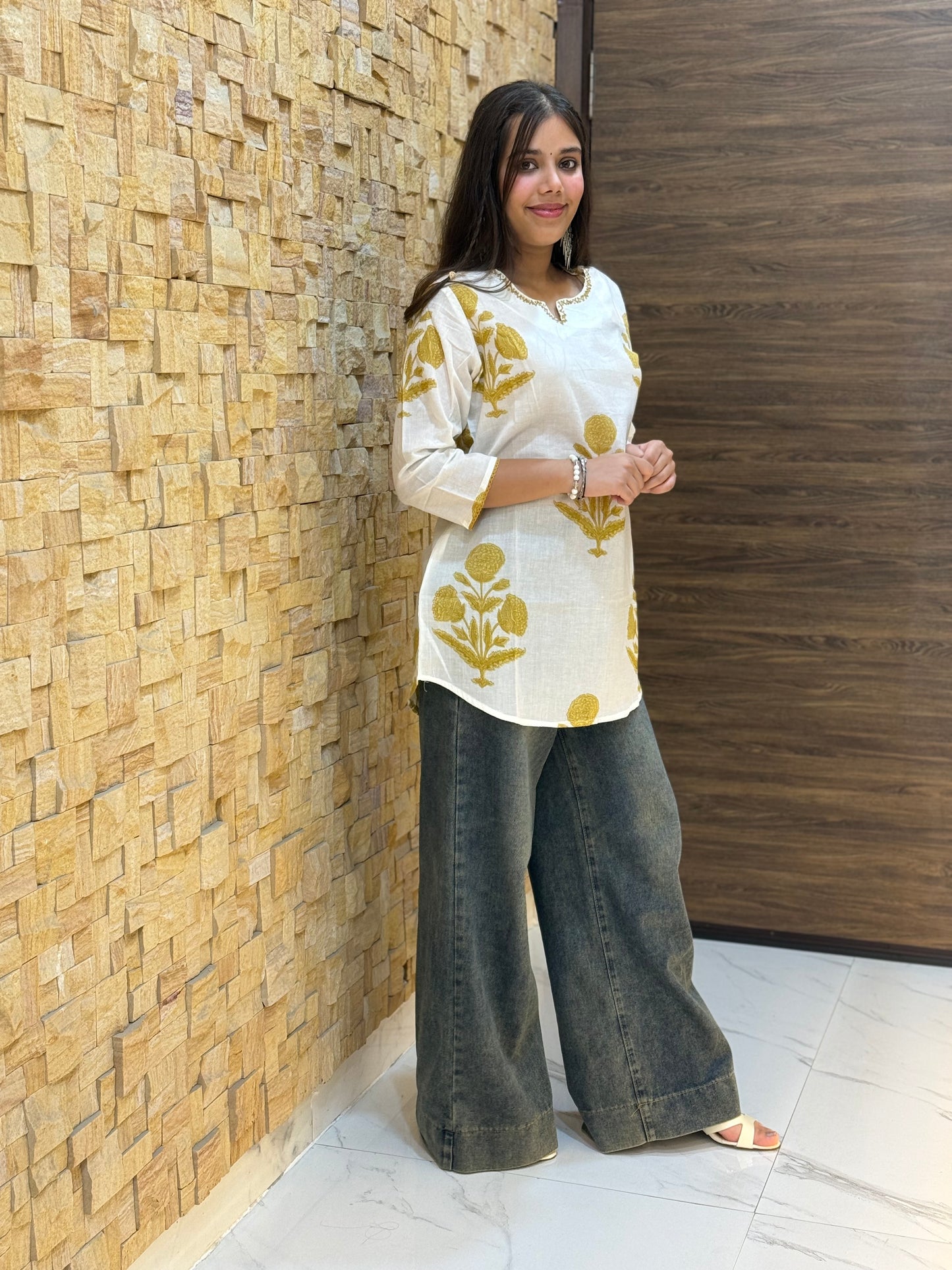 White and Golden Print Short Kurti