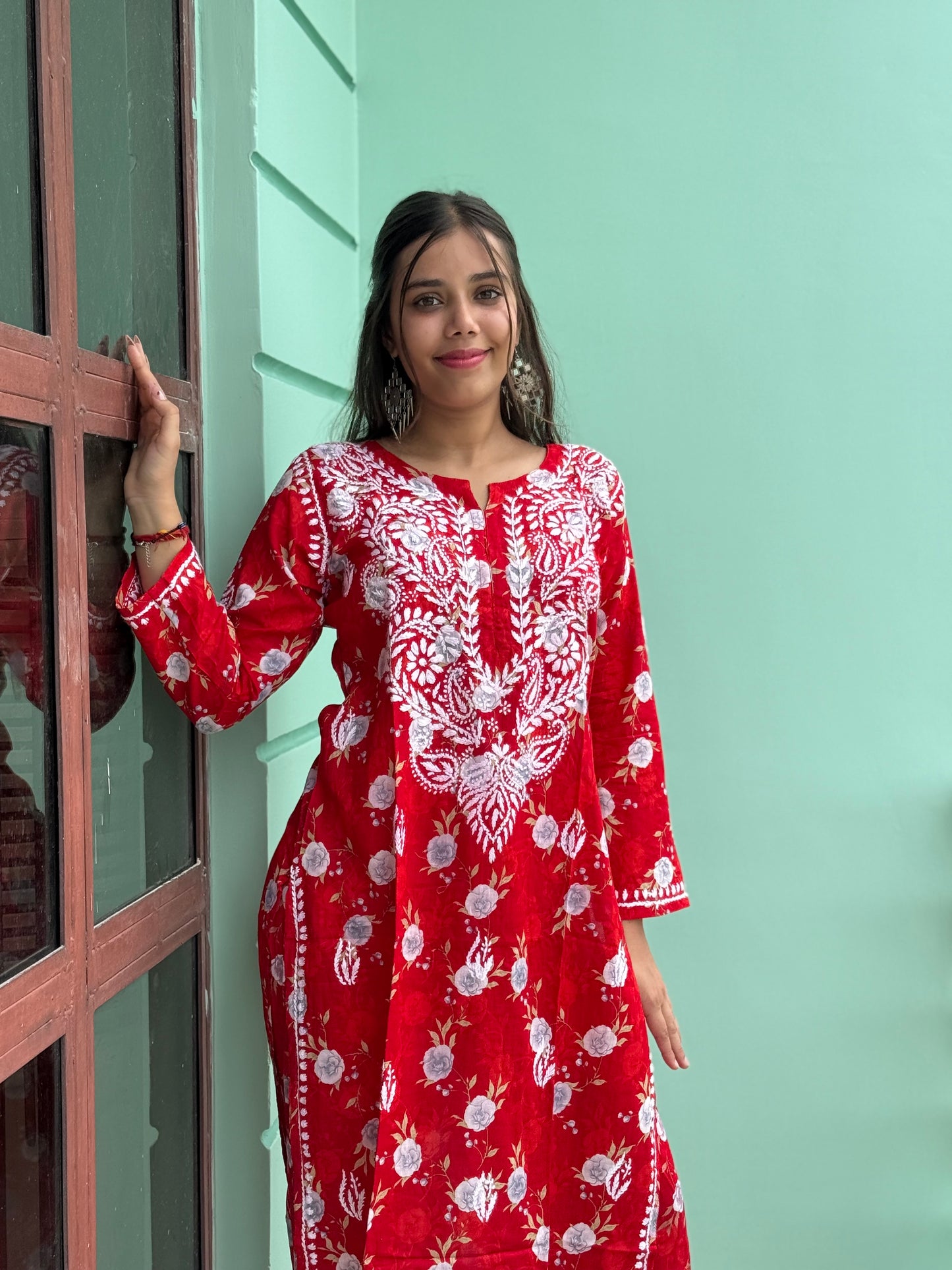 Red Chikankari Malmal Co Ord Set