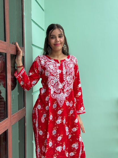 Red Chikankari Malmal Co Ord Set