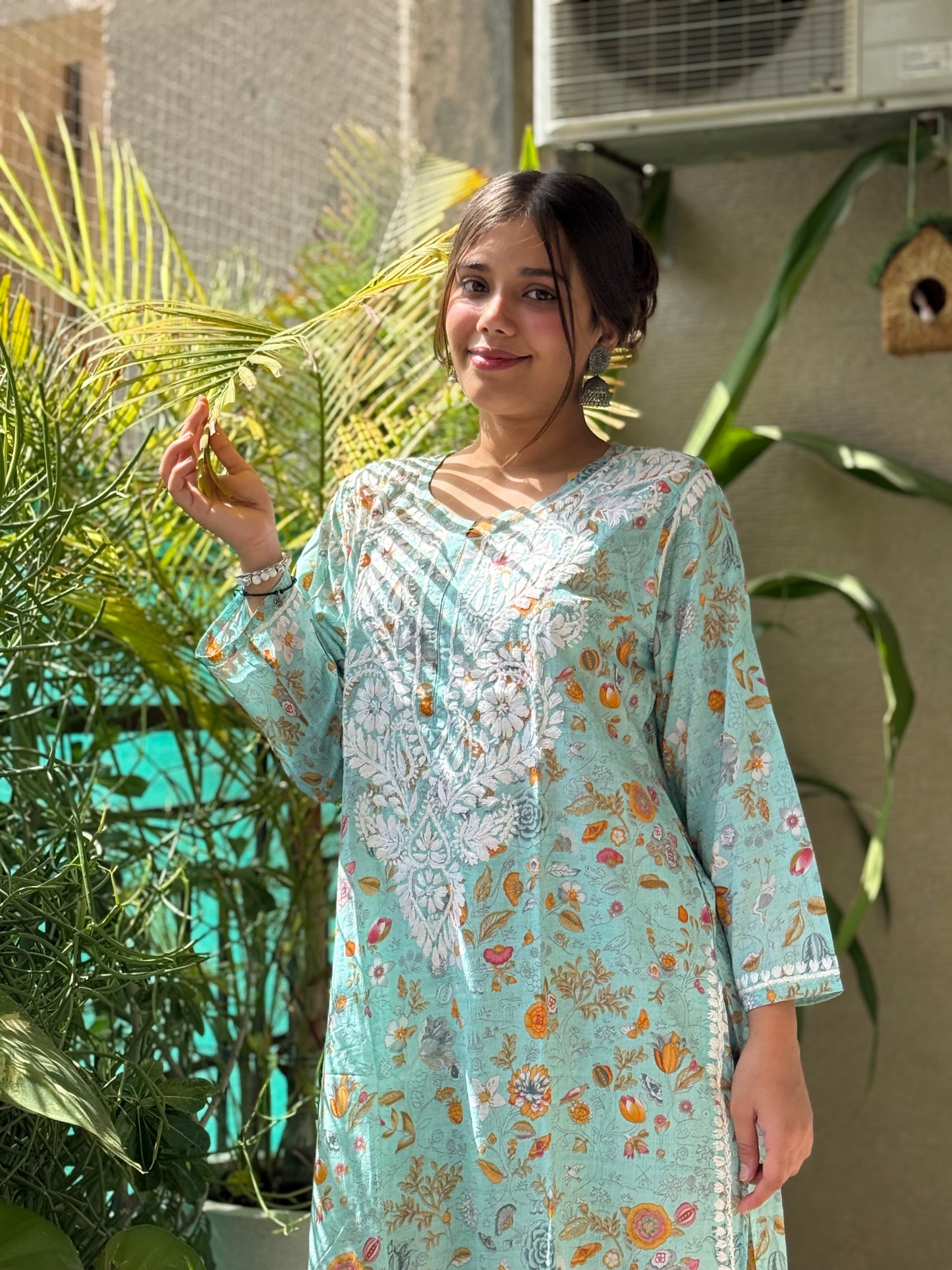 Turquoise Chikankari Malmal Co Ord Set