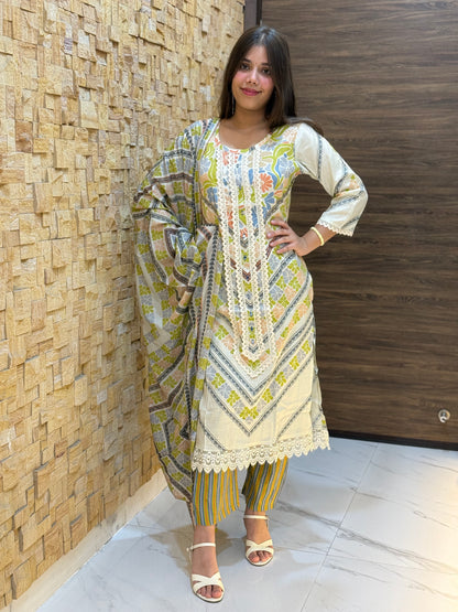 Beige and green Digital Print Cotton Suit Set