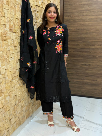 Black Pure Cotton Embroidery with Mal Dupatta Suit Set