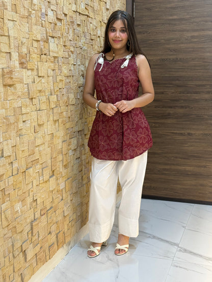 Wine Floral Print with Tie-knot Details Short Kurti