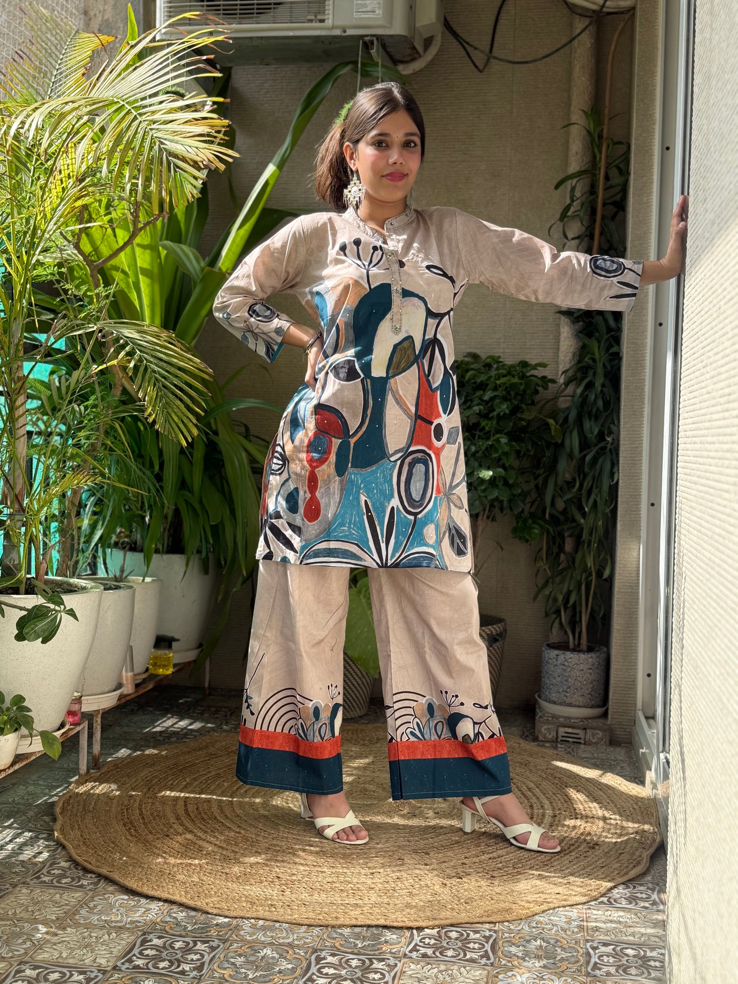 Beige digital print Cotton Co Ord Set