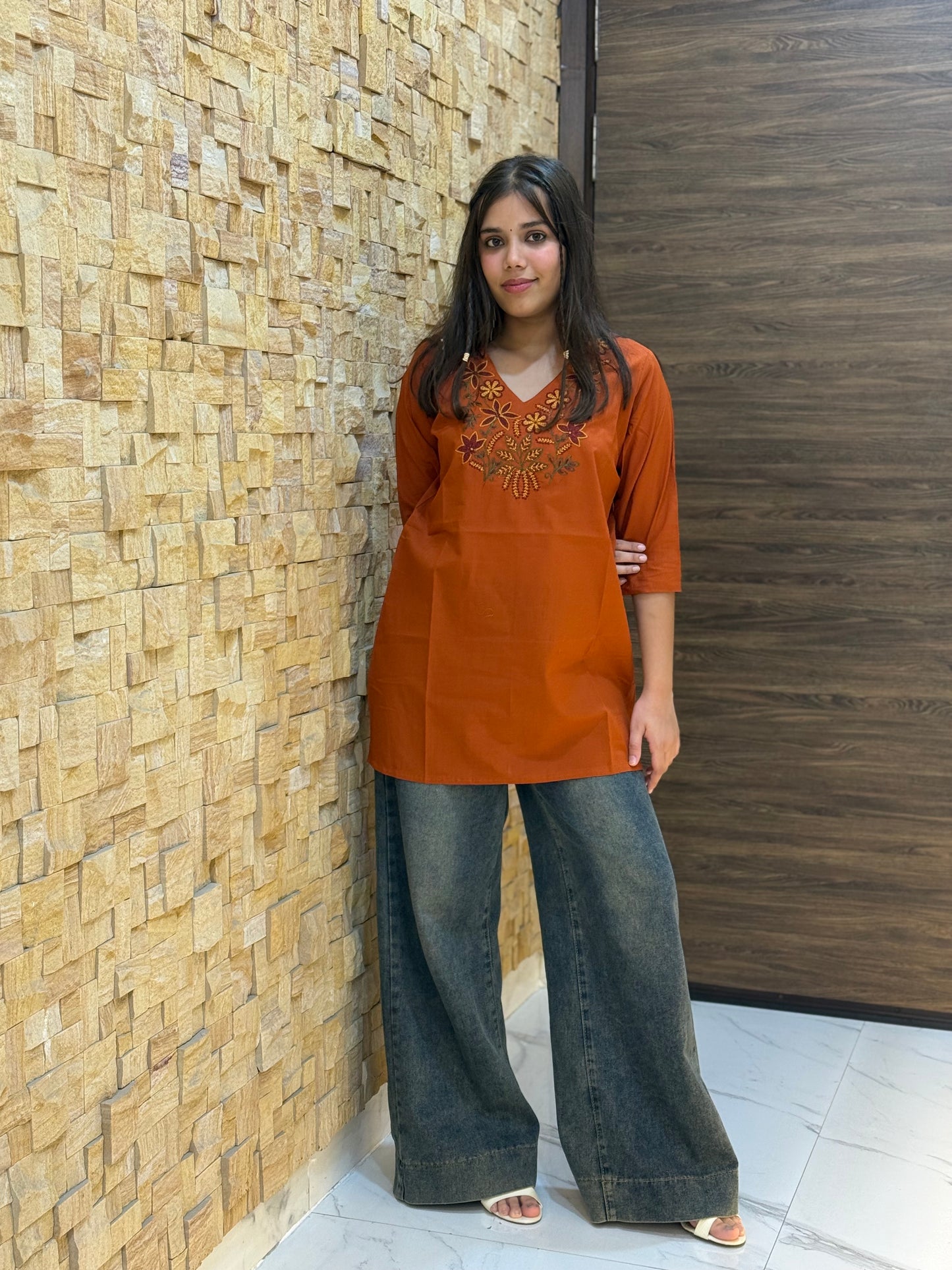 Rust Cotton with Embroidery Short Kurti