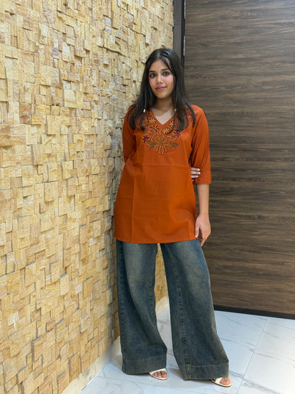 Rust Cotton with Embroidery Short Kurti