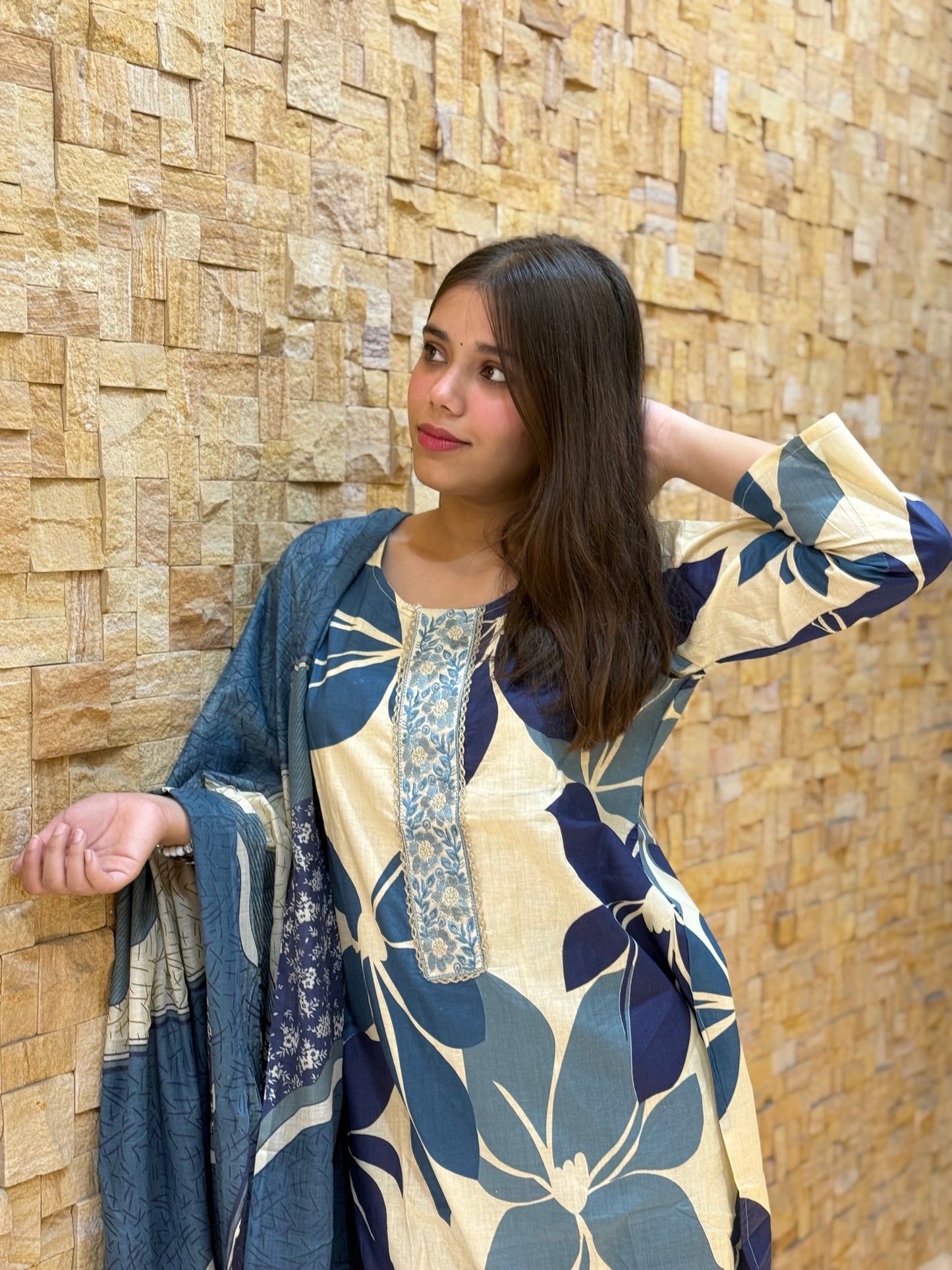Beige and Blue Flower Print Cotton Suit Set