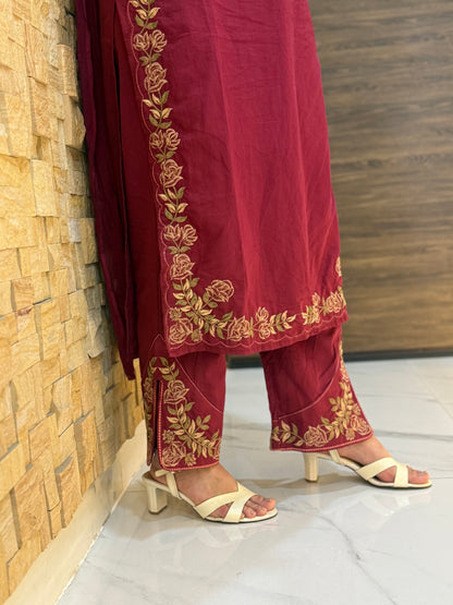 Maroon Pure Cotton Embroidery with Mal Dupatta Suit Set