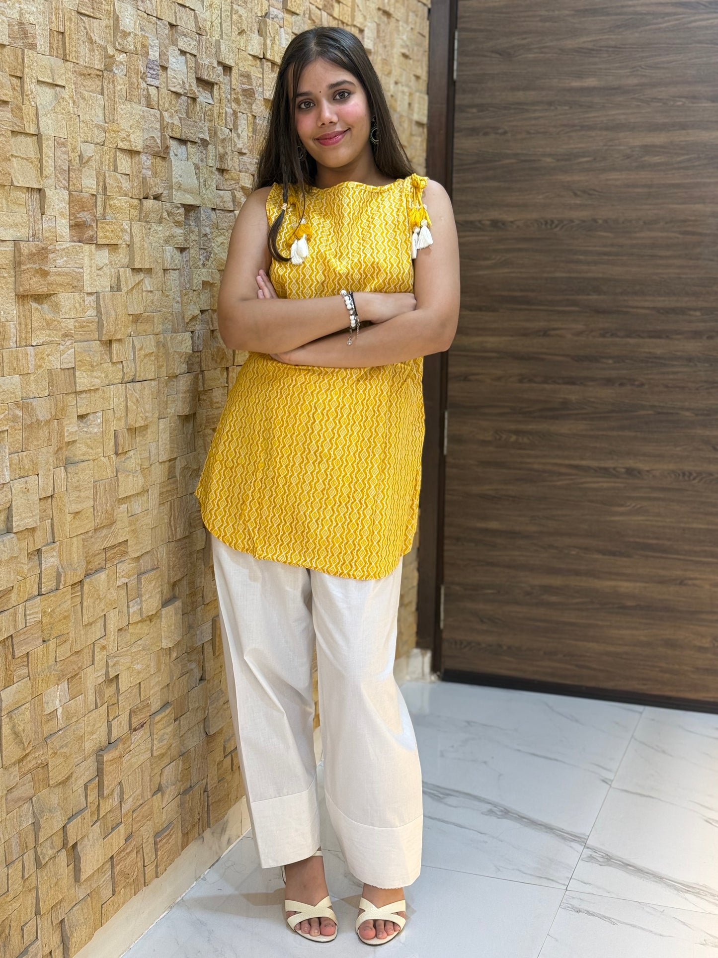 Yellow geometric Print with Tie-knot details Short Kurti