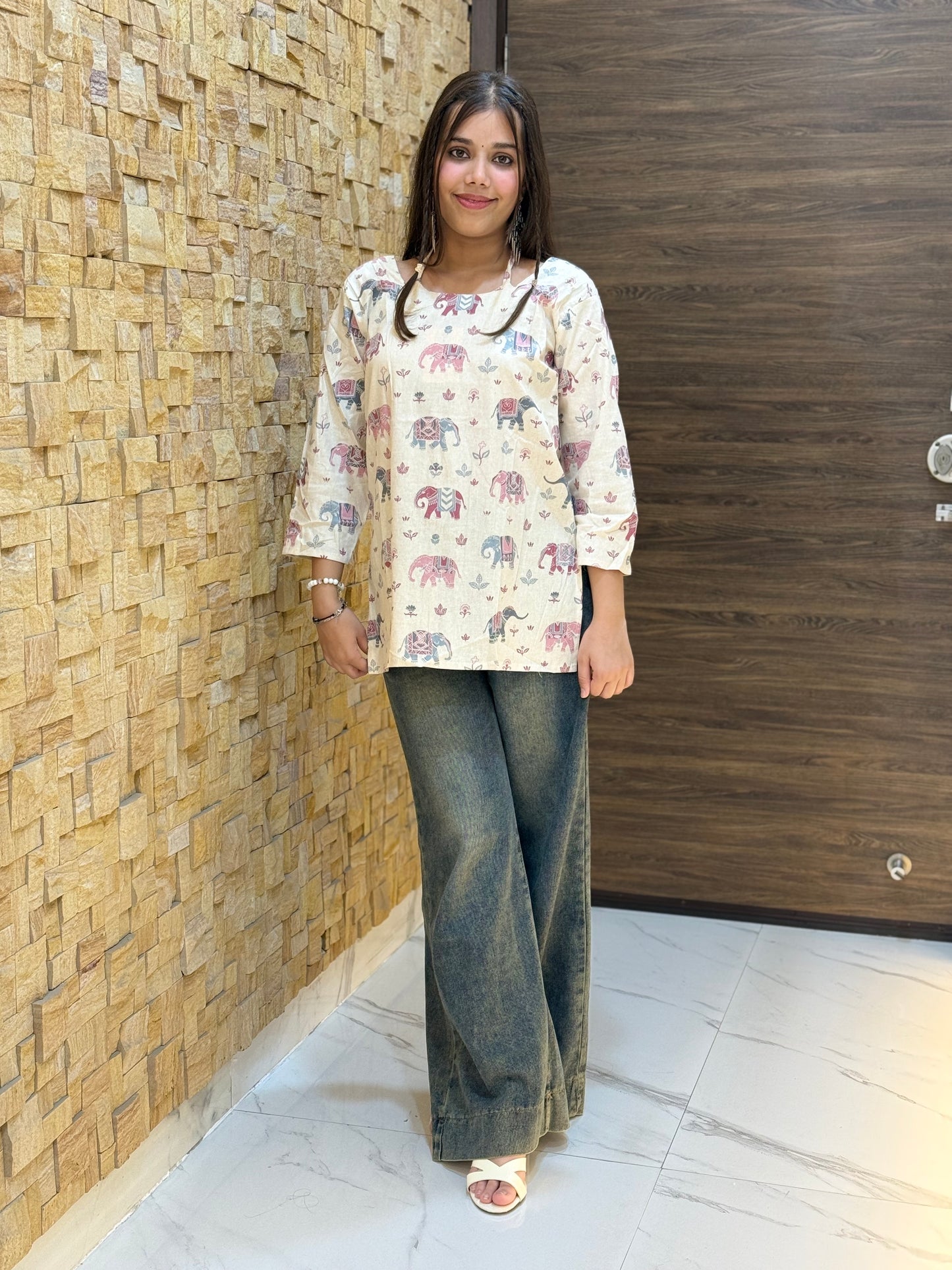 Off White Elephant Print Short Kurti