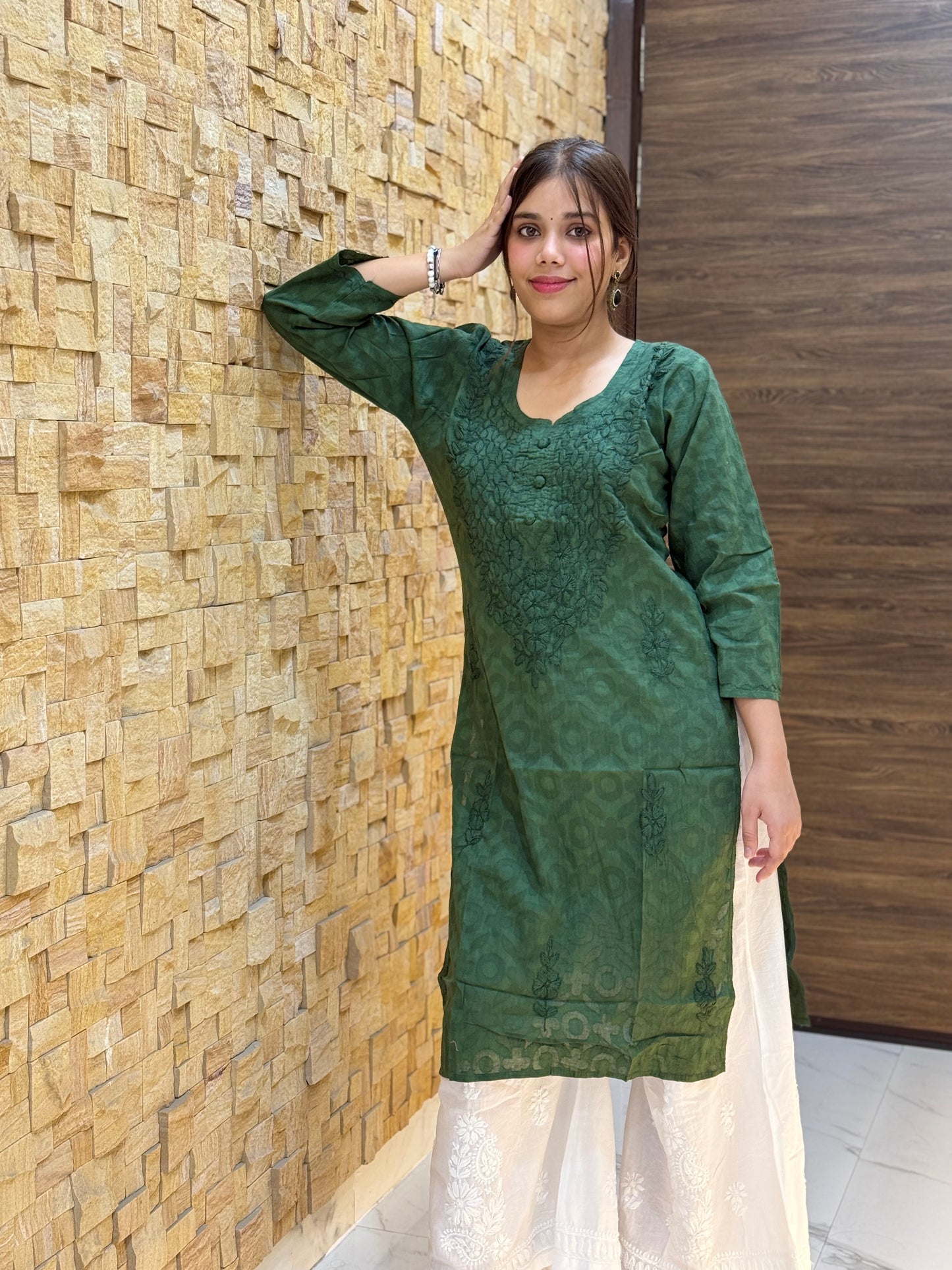 Green Cotton Chikankari Kurti