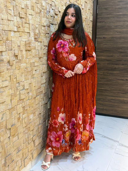 Rust Pure Chinon Anarakali Suit Set