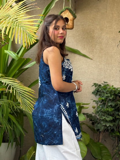Navy Blue Noodle Strap Chikankari Short Kurti