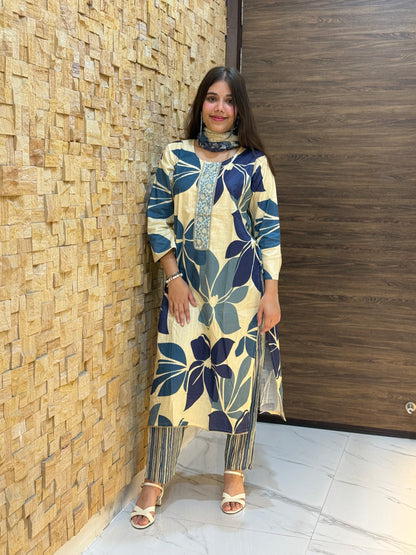 Beige and Blue Flower Print Cotton Suit Set