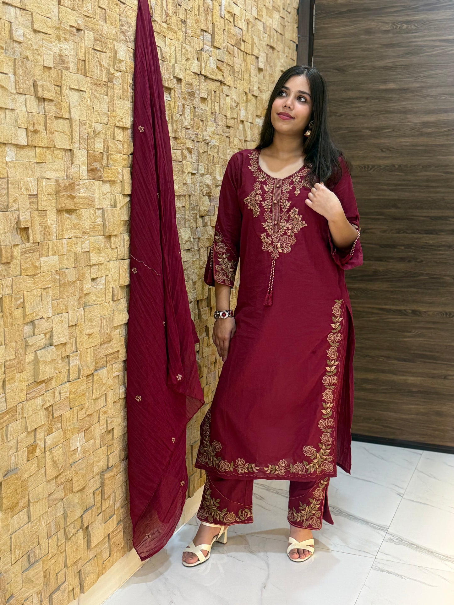 Maroon Pure Cotton Embroidery with Mal Dupatta Suit Set