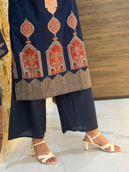 Blue Temple design Cotton Suit Set