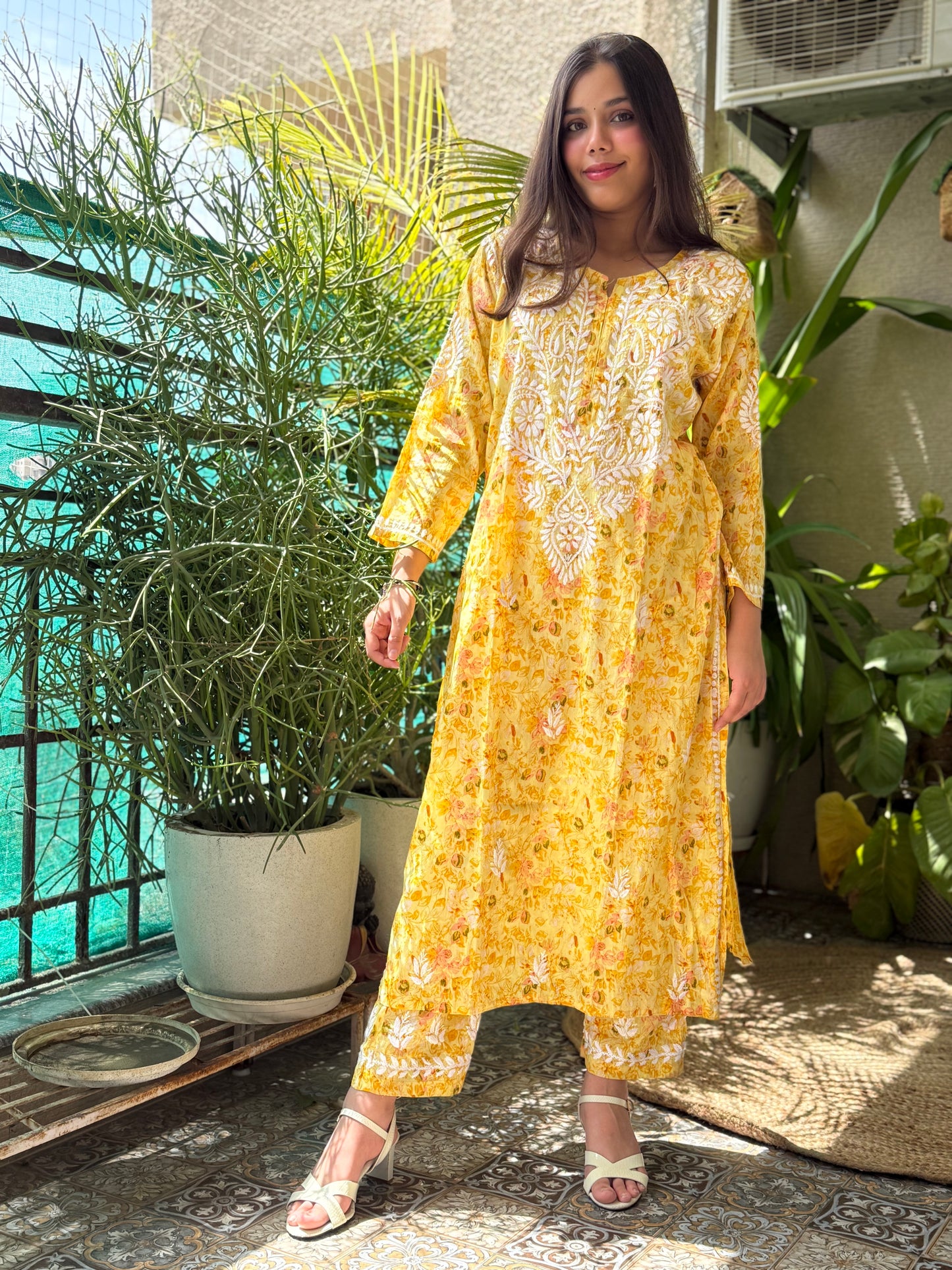 Yellow Chikankari Malmal Co Ord Set