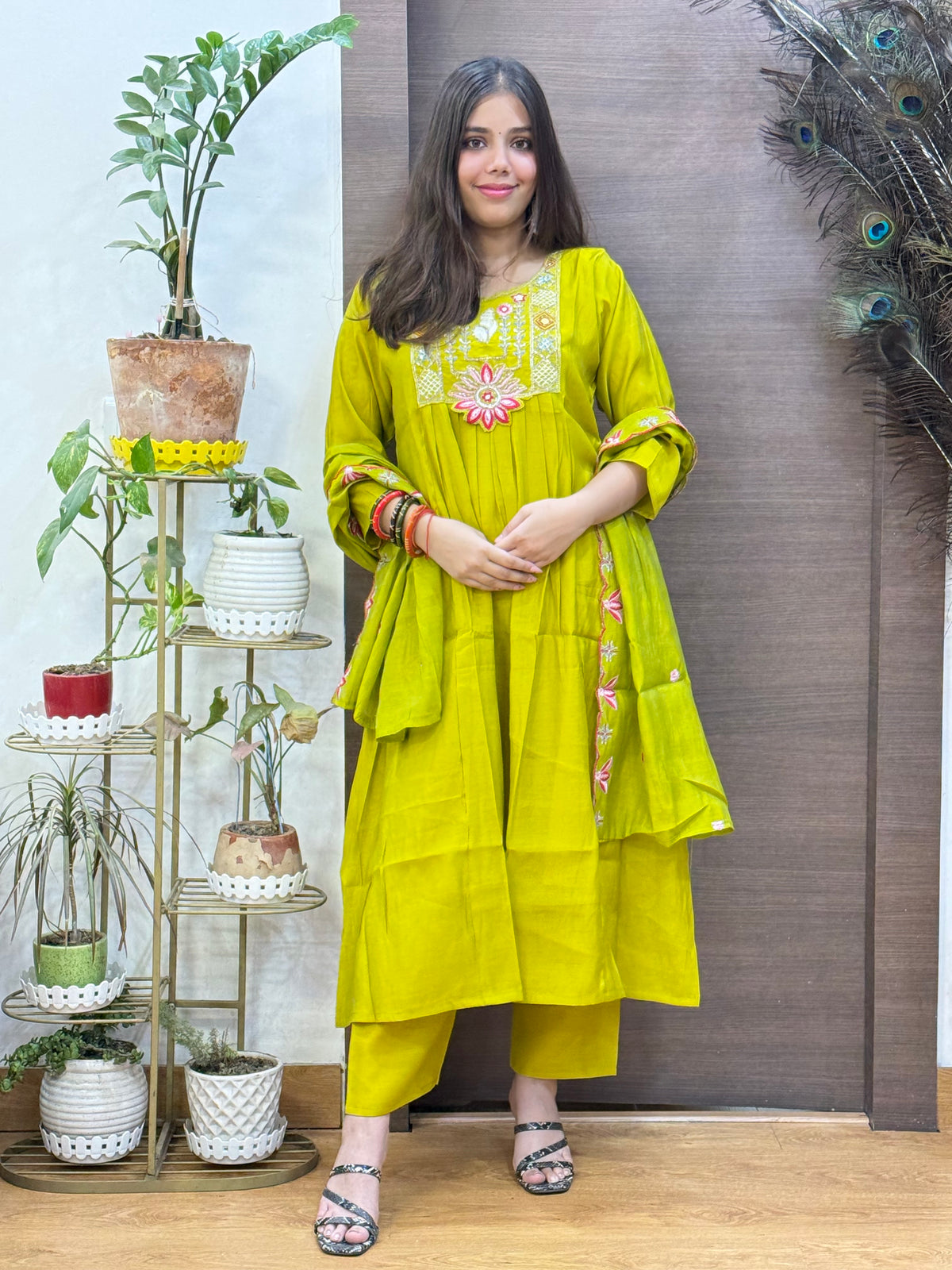 Green Mal Chanderi Aline Dupatta Suit Set
