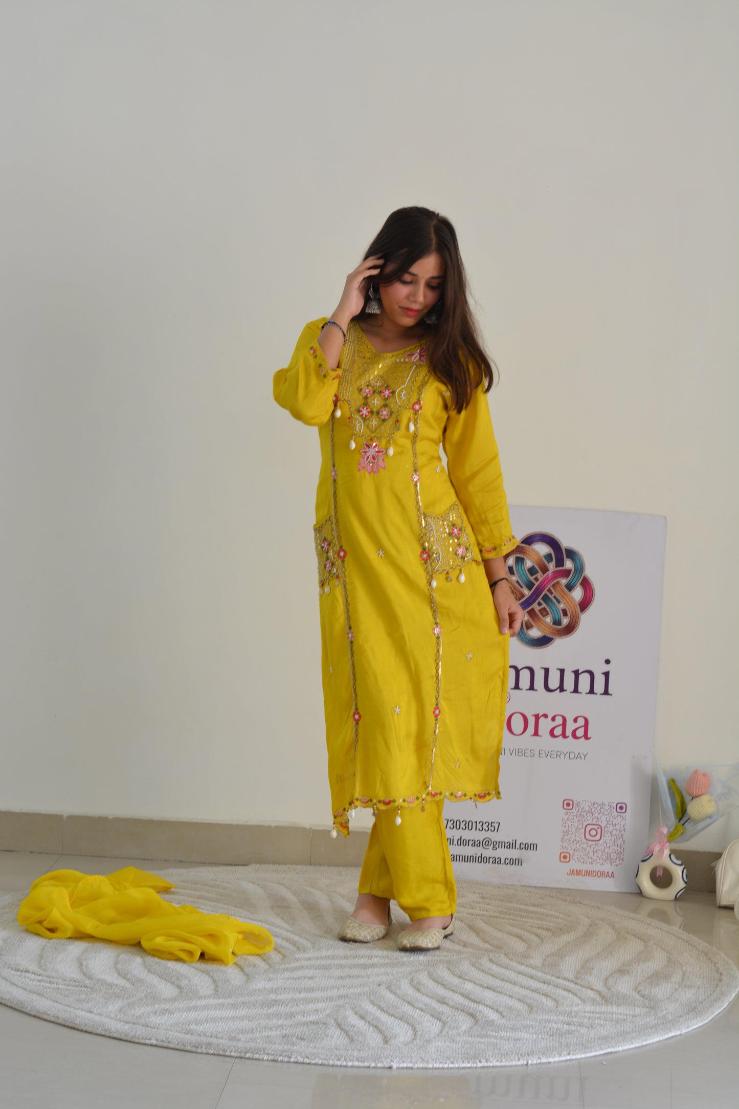 Yellow Dola Silk with Pockets and Dupatta  Suit Set
