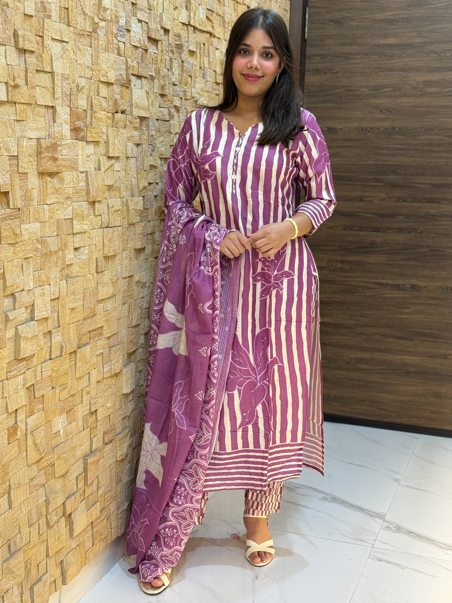 Purple Stripes Digital Print Cotton Suit Set