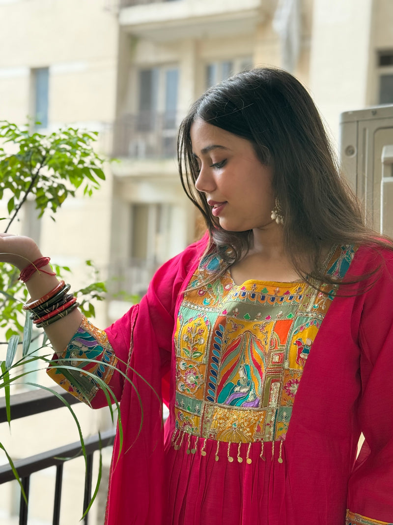 Magenta Mal Chanderi Aline Dupatta Suit Set