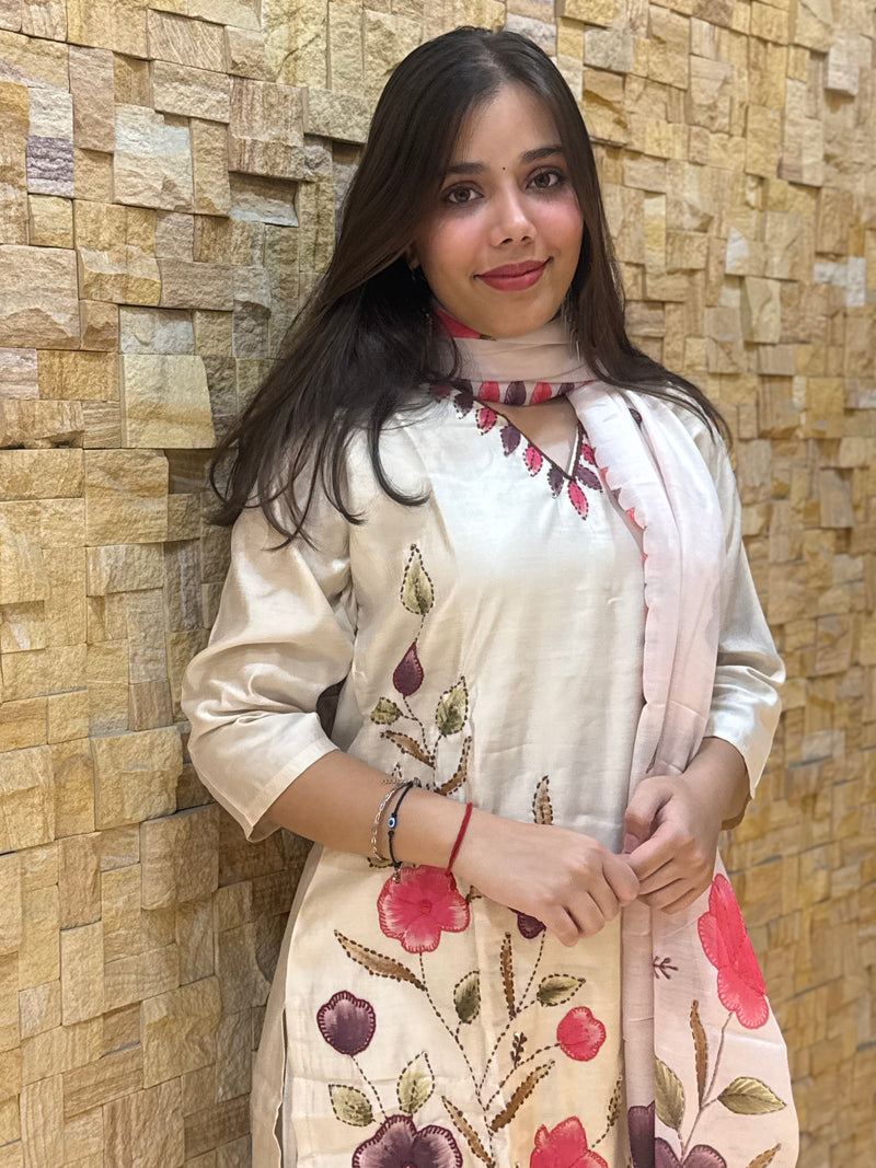 Beige Kantha Embroidery Silk with Dupatta Suit Set