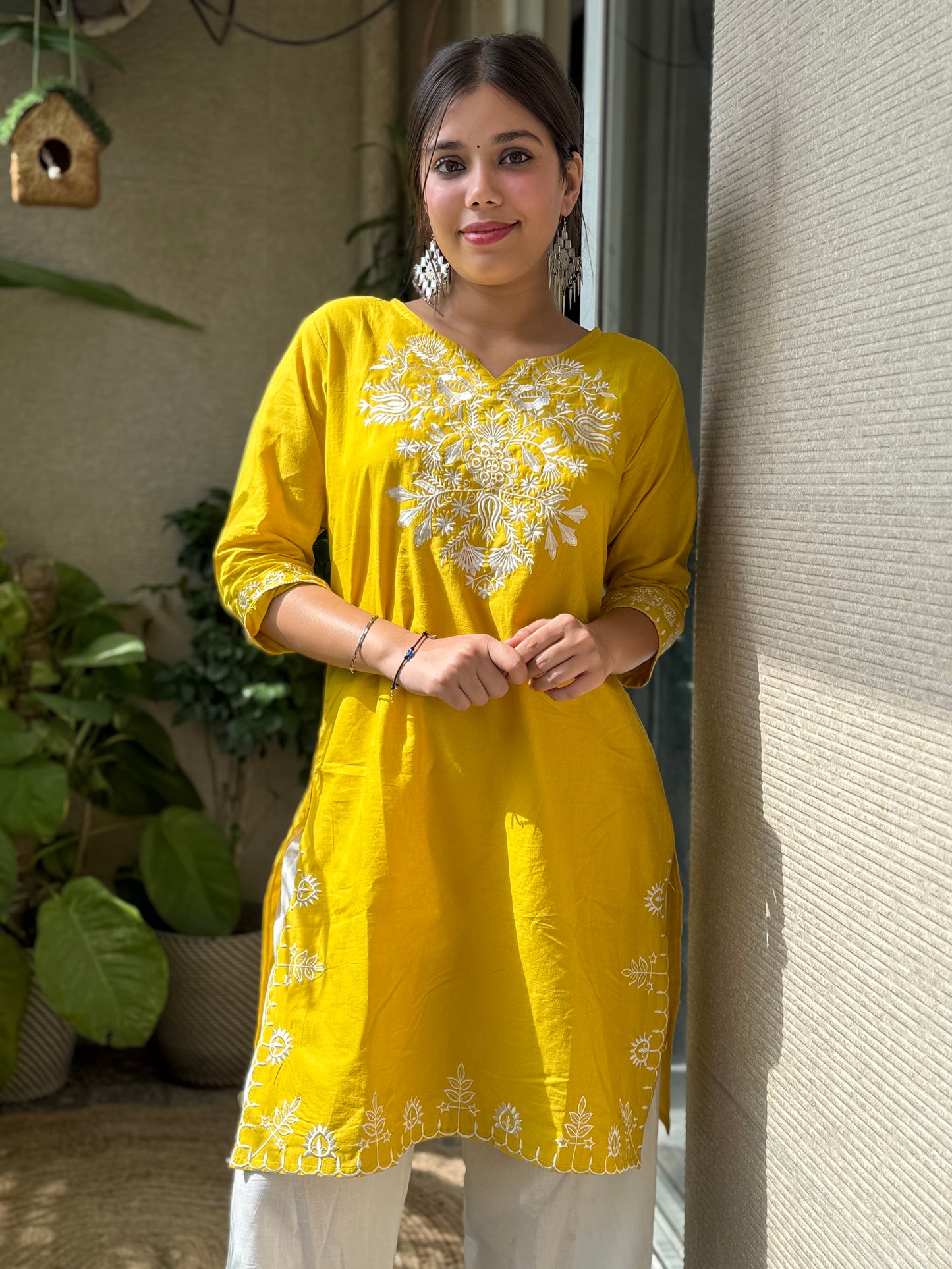 Yellow Cotton Embroidery Co Ord Set