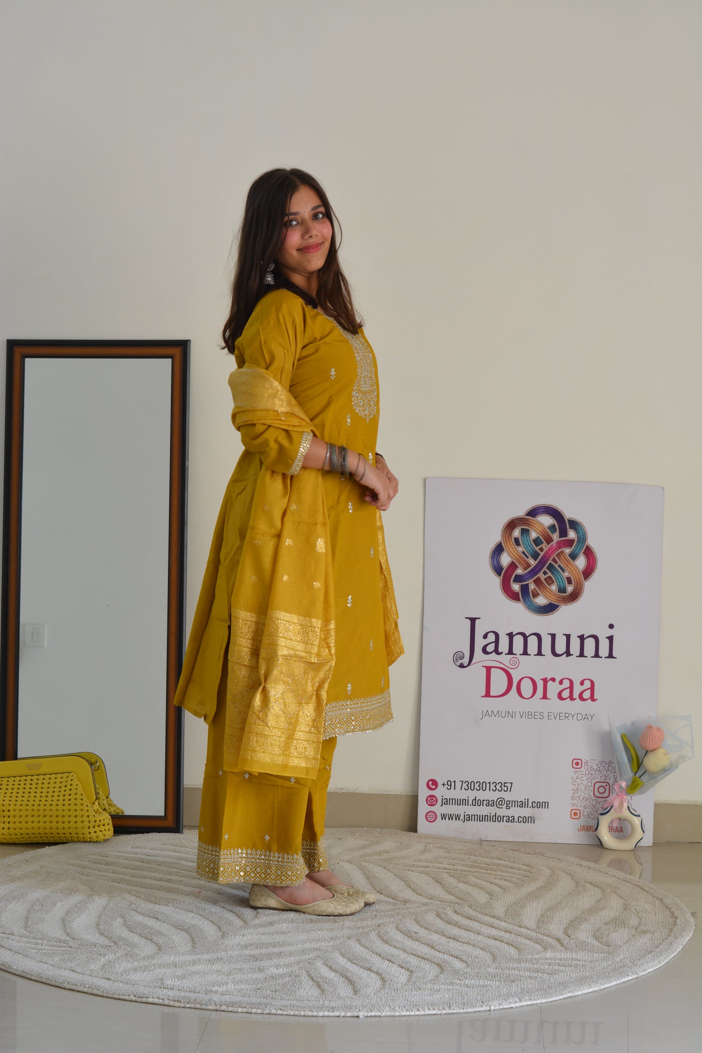 Mustard Shimmer Silk Palazzo with Banarasi Dupatta Suit Set