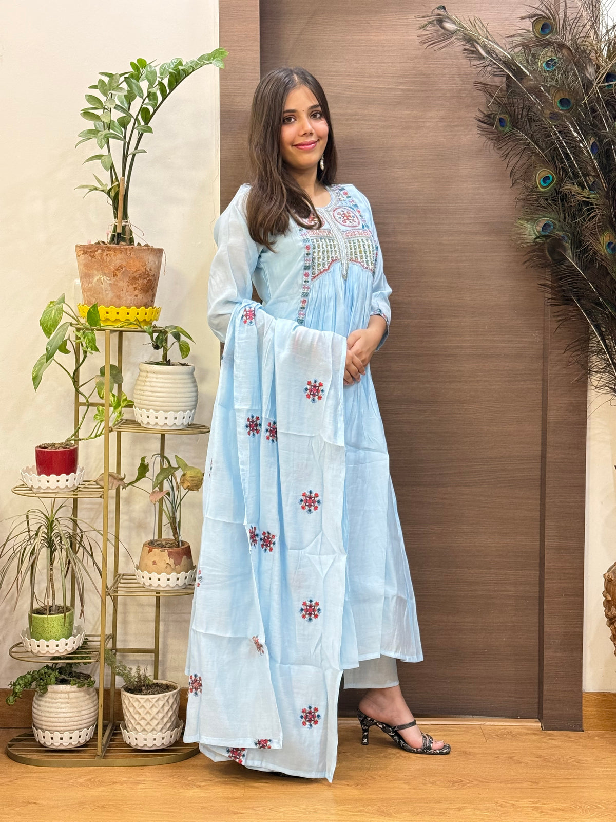 Powder Blue Mal Chanderi Aline Dupatta Suit Set