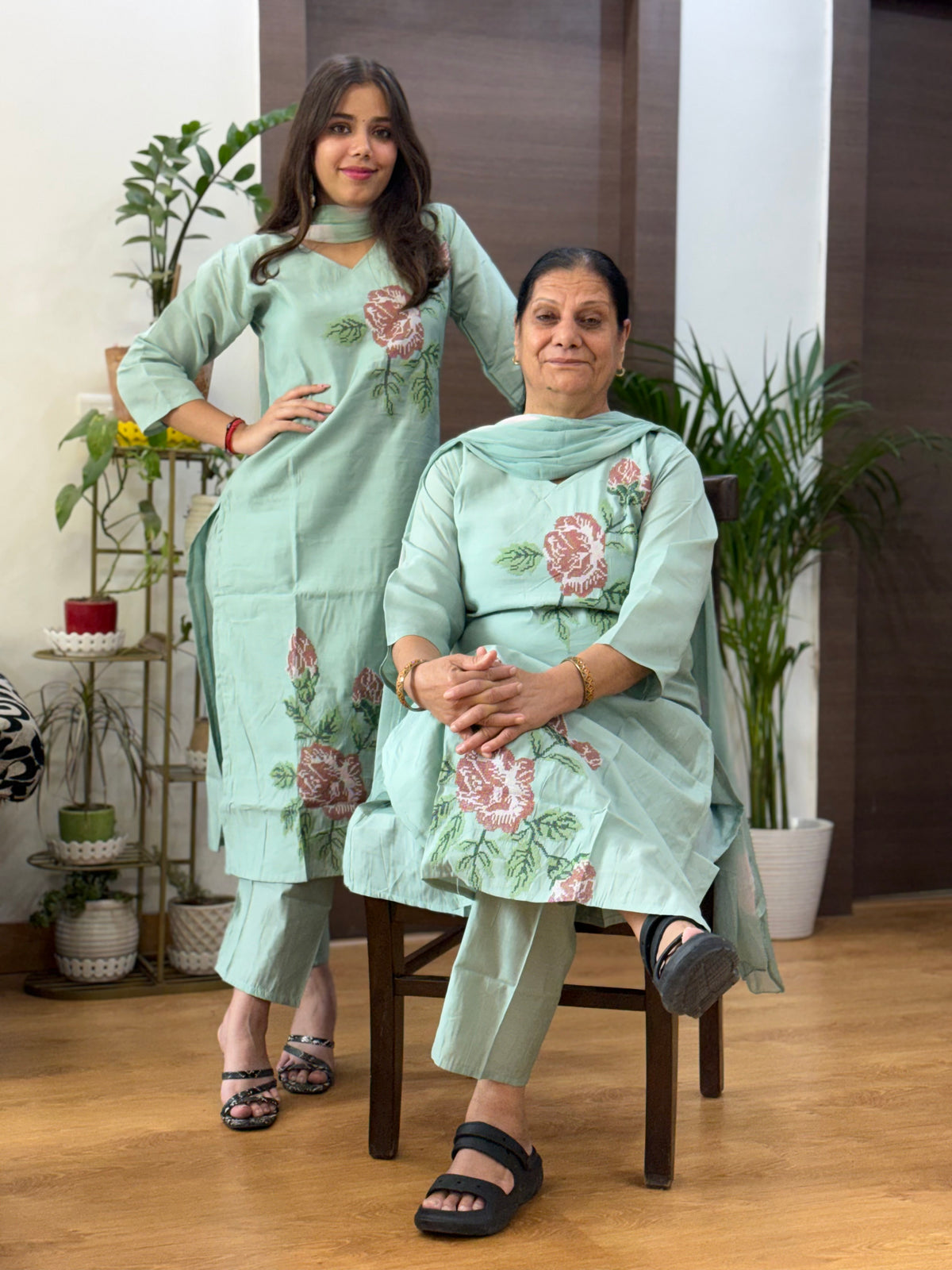 Sage Green Silk Sindhi Embroidery Dupatta Suit Set