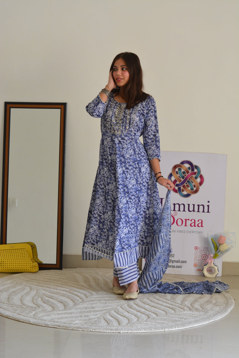 Blue Cotton Anarkali Style With Dupatta Suit Set