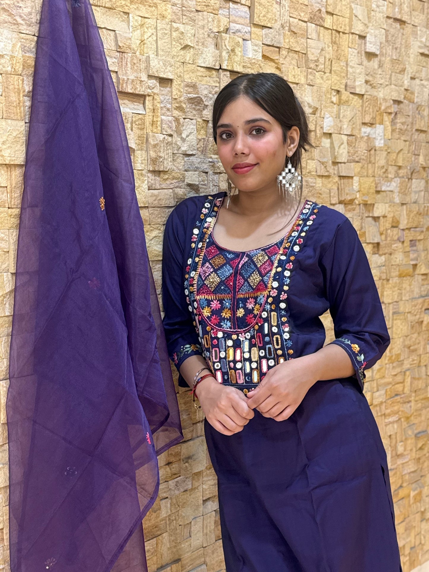 Purple Kantha Embroidery Silk with Dupatta Suit Set