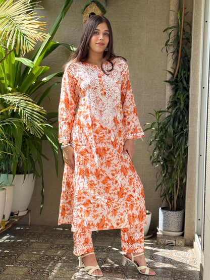 Orange Chikankari Malmal Co Ord Set